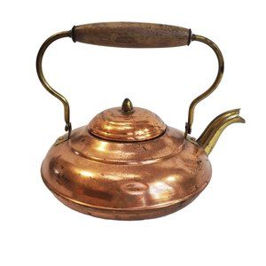 Vintage Copper Teapot Kettle Brass Details Wood Handle Made in Holland